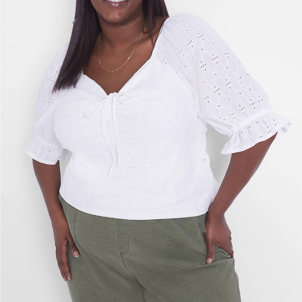 Lane Bryant NwT Cropped White Eyelet Tie-Front Peasant Top